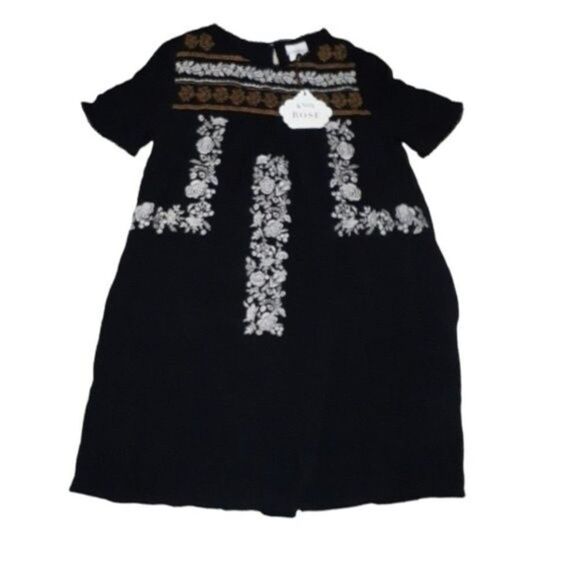 Knox Rose Women's Black Embroidered Short Sleeves Peasant Boho Tunic Dress Sz XS - Picture 1 of 9